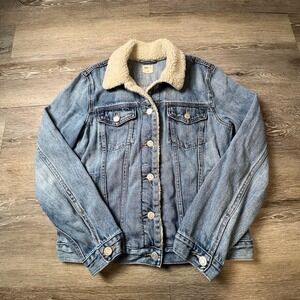 Gap Denim Jacket Womens S Blue Sherpa Lined 1969 Trucker Coat Medium Wash Jean